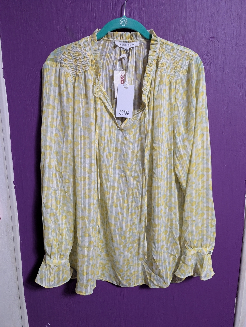 💜 NWT $28 Rose & Olive White Yellow Green Floral Print Sheer Blouse XL 16 - Picture 1 of 3